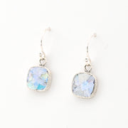 Side View Silver Roman Glass Square Dangle Earrings