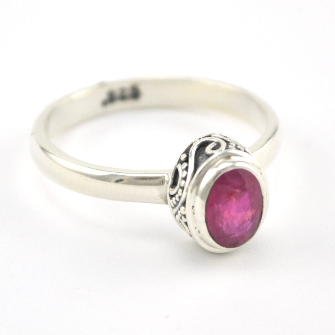 Side View Silver Ruby 5x7mm Oval Bali Ring