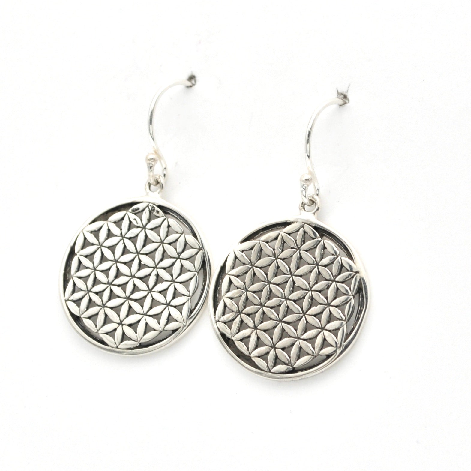Side View Sterling Silver Flower of Life Dangle Earrings