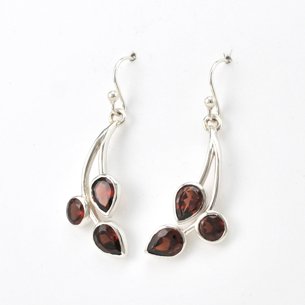 Side View Sterling Silver Garnet 3 Stone Drop Earrings
