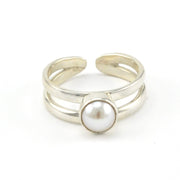 Side View Sterling Silver Pearl 2 Band Adjustable Ring