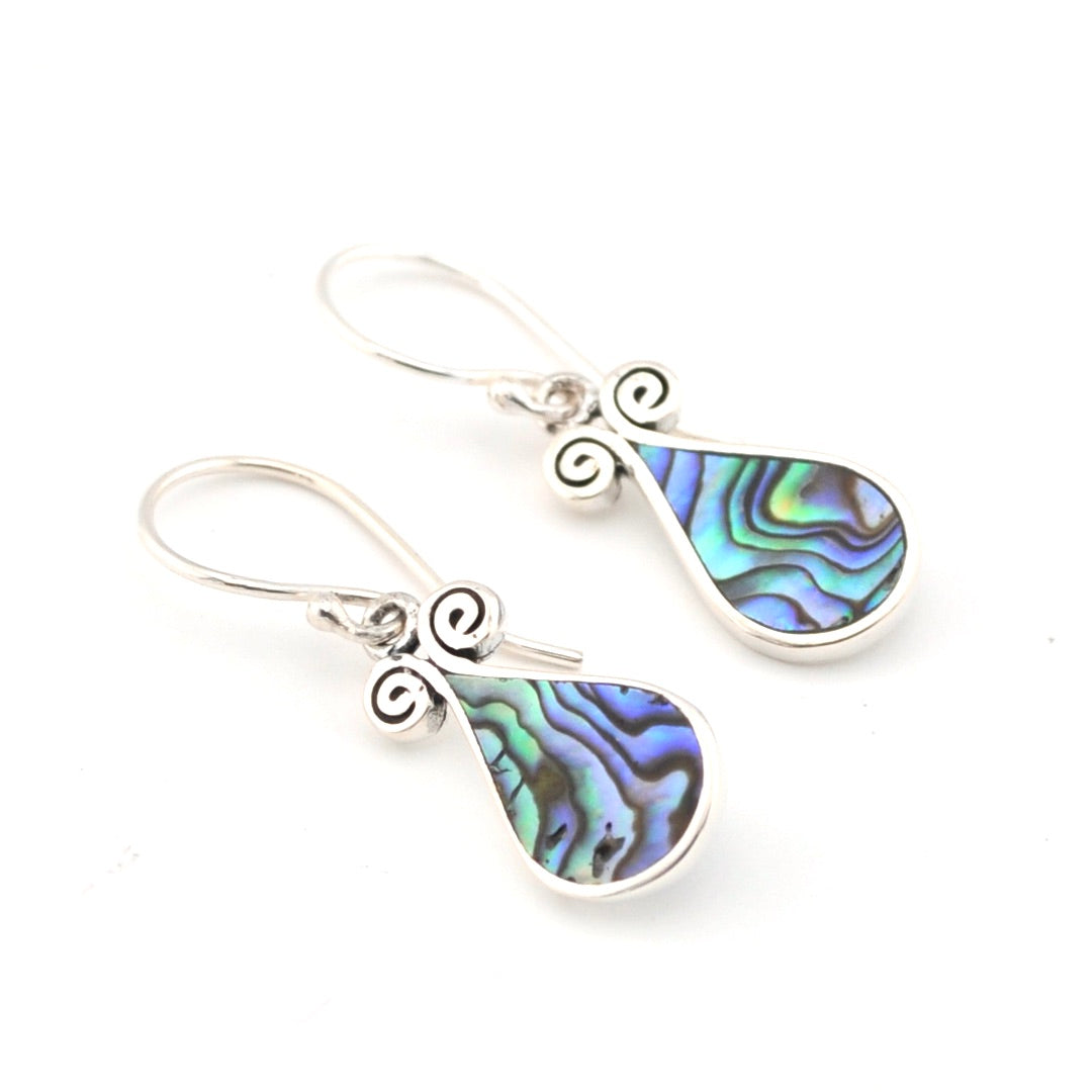 Pair of silver earrings with abalone shell drops on a white background