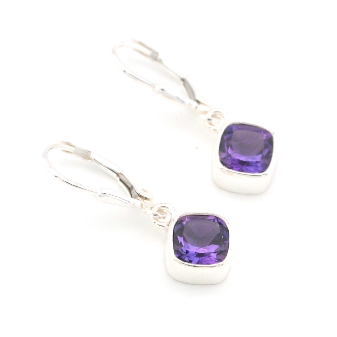 Silver Amethyst 7mm Offset Square Dangle Earrings