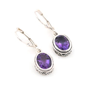 Silver Amethyst 7x9mm Oval Bali Dangle Earrings