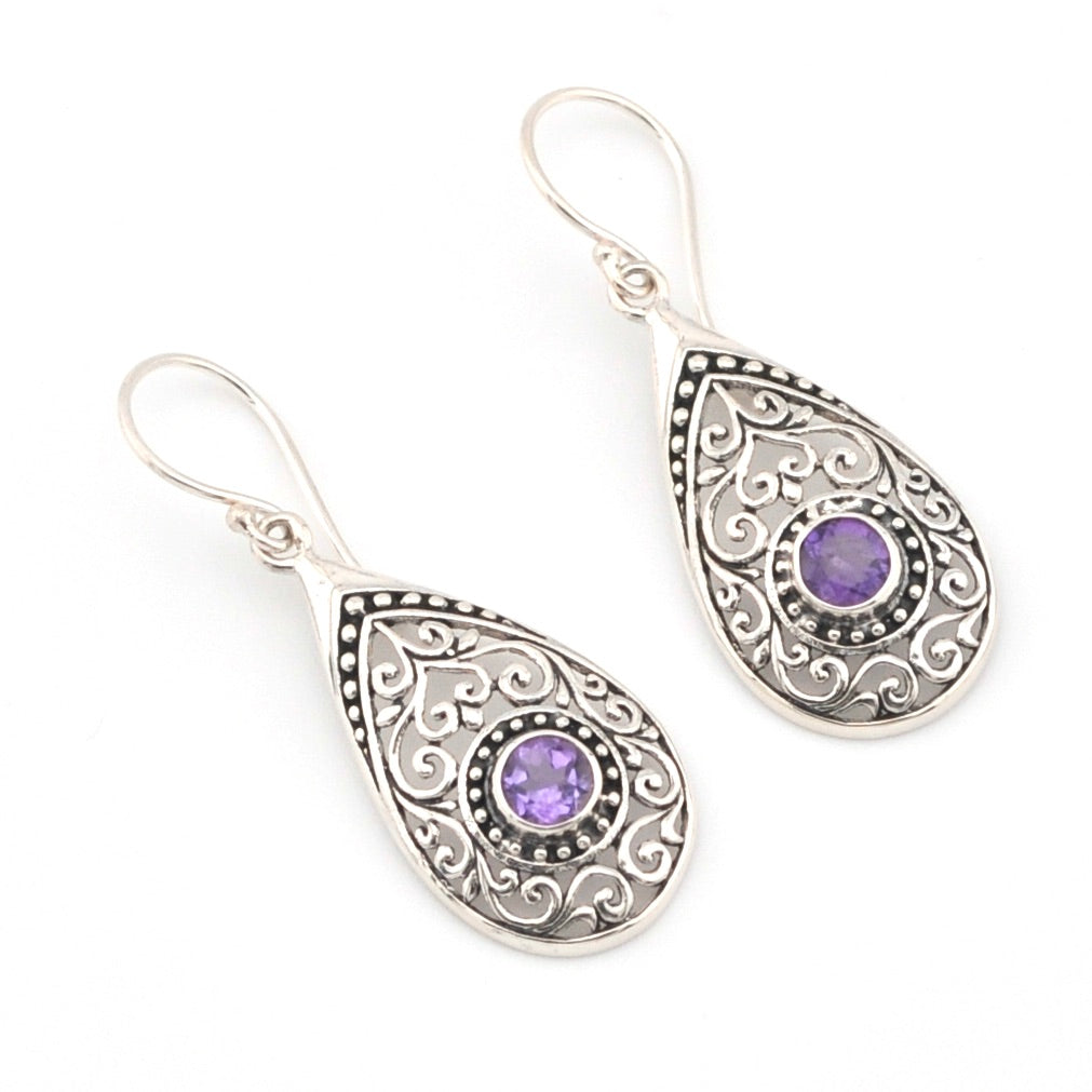 Silver Amethyst Tear Bali Earrings 15644