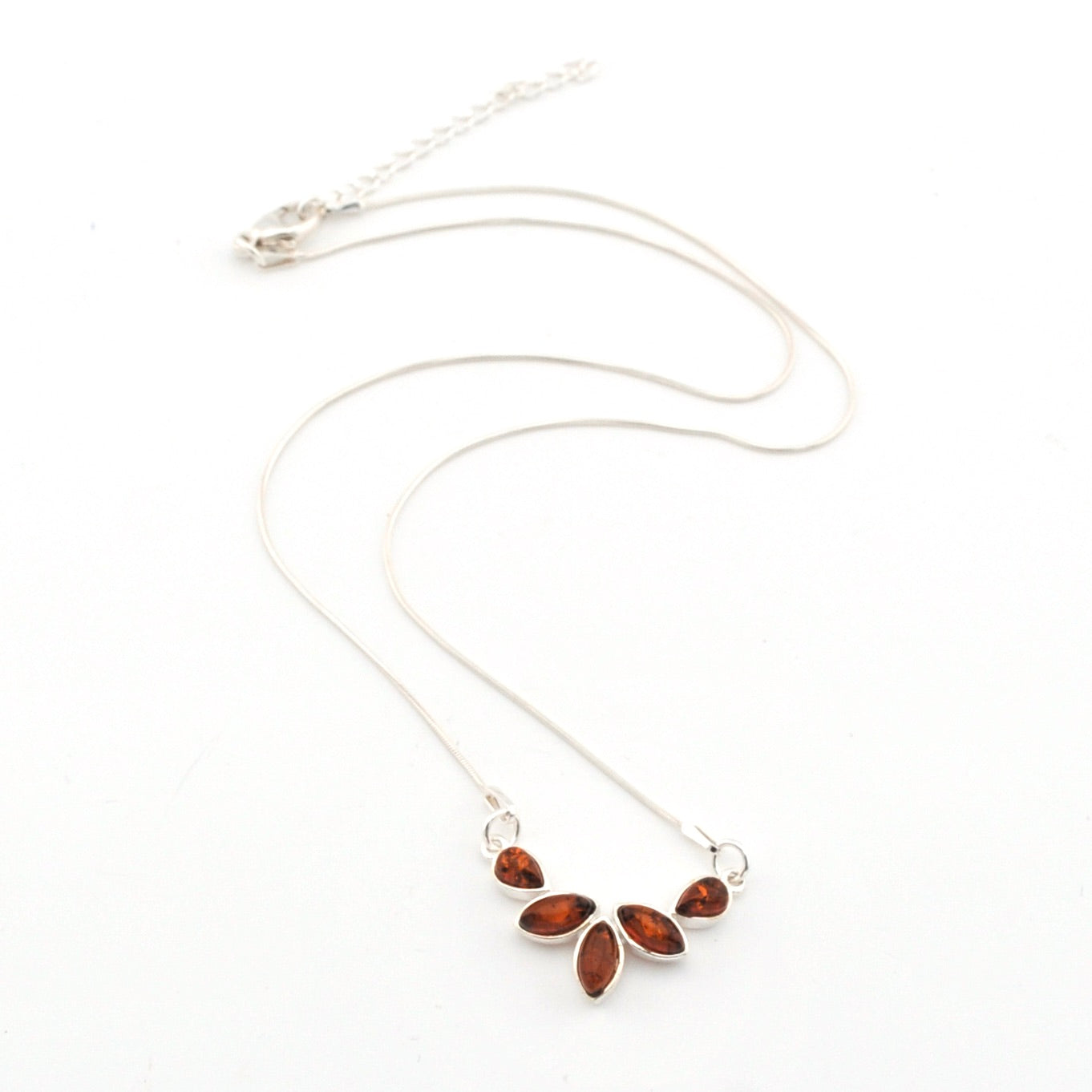 Silver necklace with brown pendant on a white background
