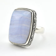 Silver Blue Lace Agate 11x22mm Rectangle Bali Ring