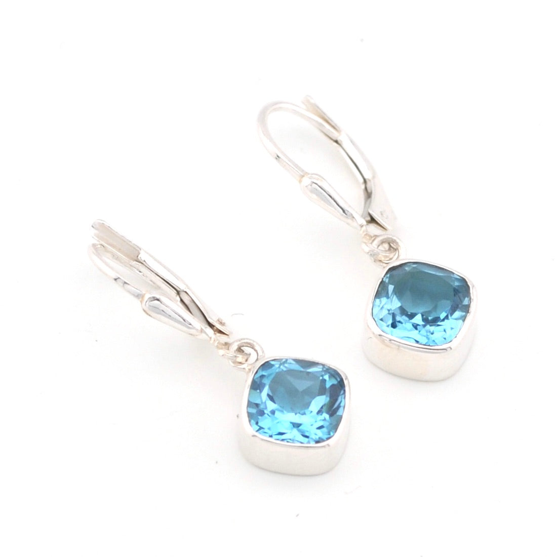 Silver Blue Topaz 7mm Offset Square Dangle Earrings