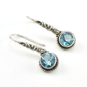 Silver Blue Topaz 7mm Round Flower Dangle Earrings