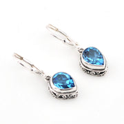 Silver Blue Topaz 7x9mm Pear Bali Dangle Earrings