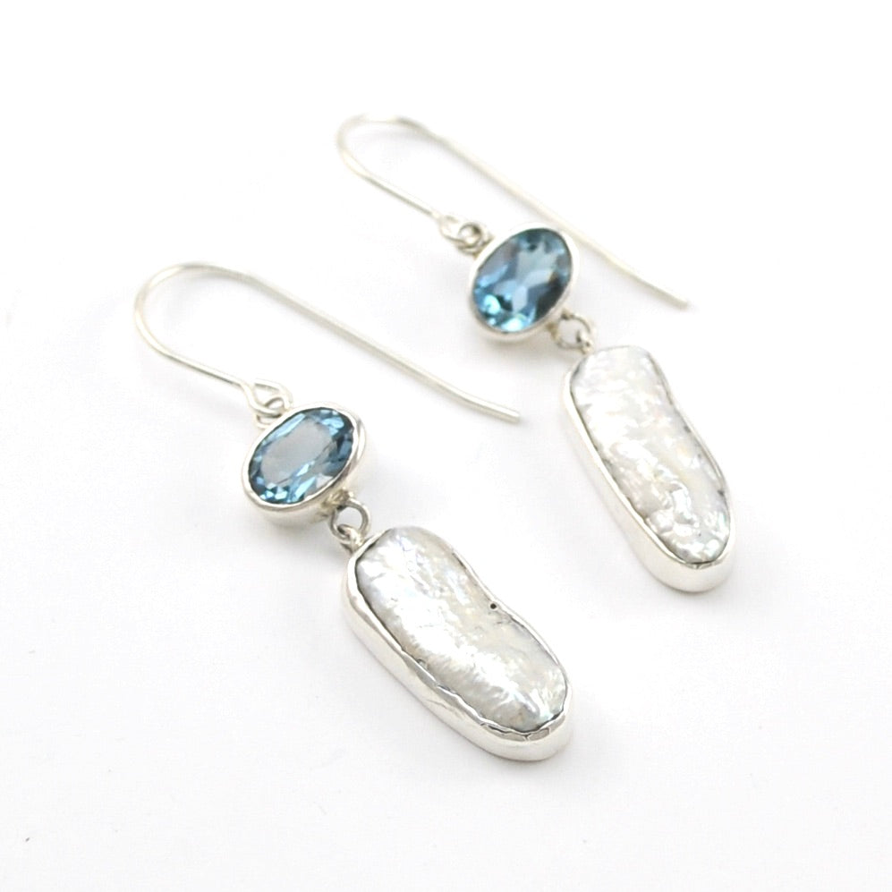 Silver Blue Topaz and Stick Pearl Earrings
