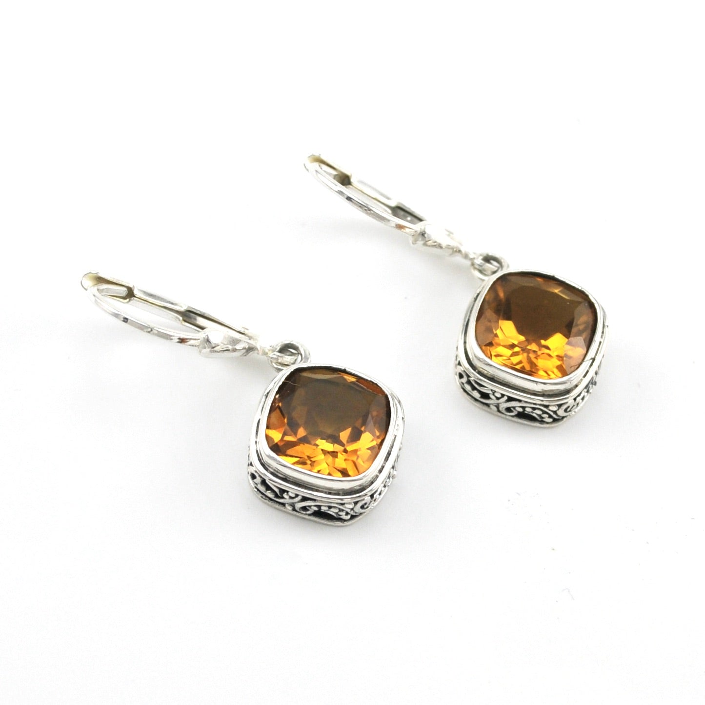 Silver Citrine 8mm Offset Square Bali Dangle Earrings