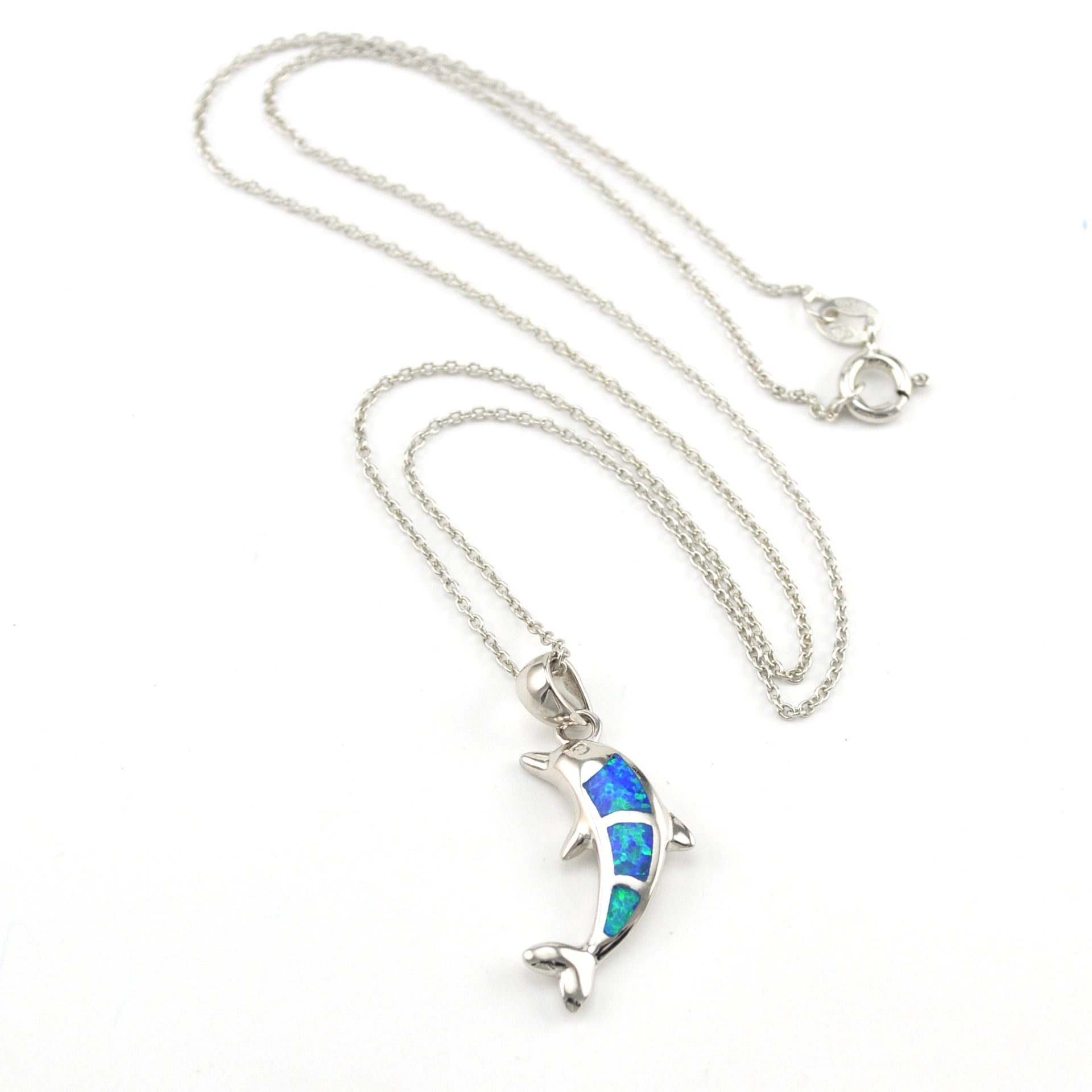 Silver Created Opal Dolphin Necklace