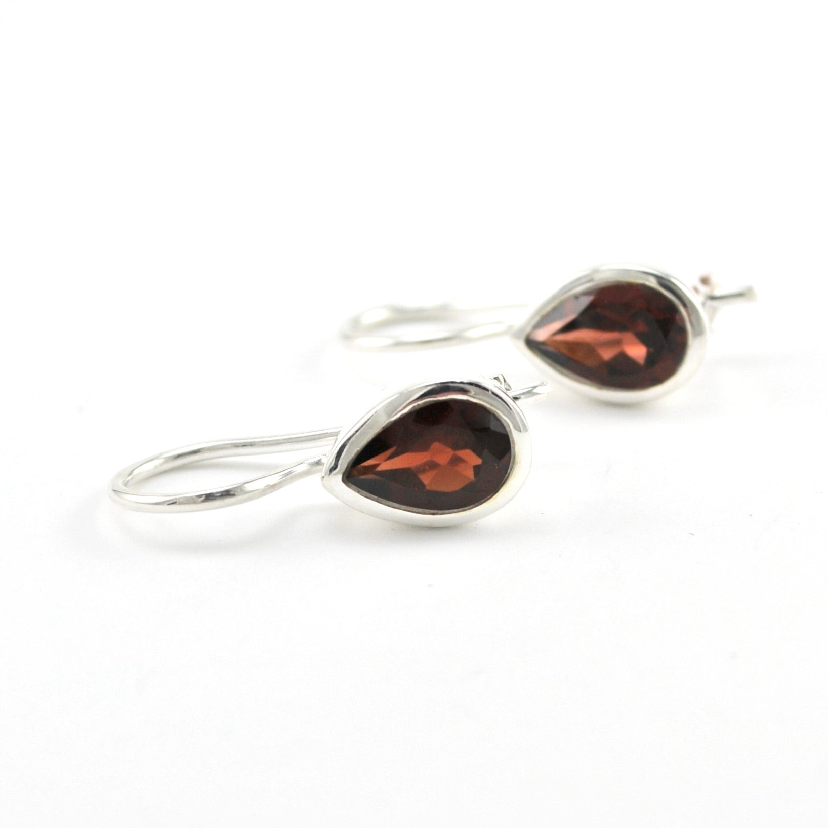 Silver Garnet 7x9mm Tear Dangle Earrings