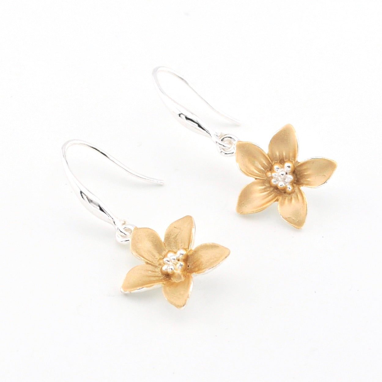 Silver Gold Flower Five Petal Dangle Earrings