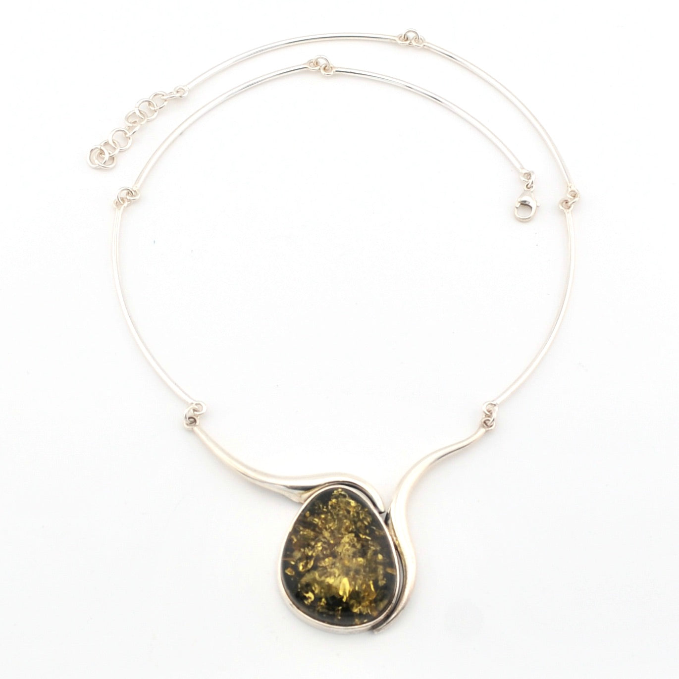 Necklace with a large teardrop-shaped green stone pendant on a white background