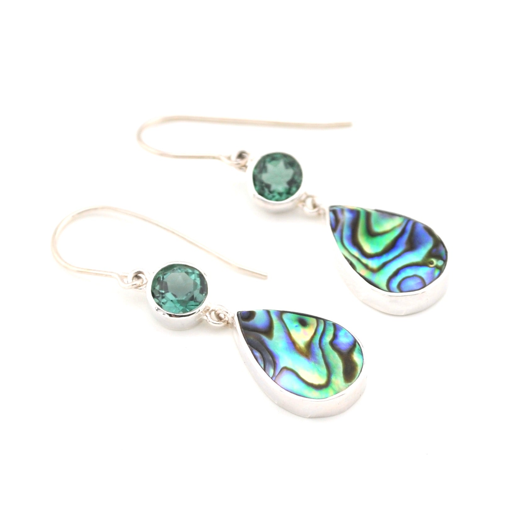 Teardrop-shaped earrings with green gemstones and abalone shell on a white background