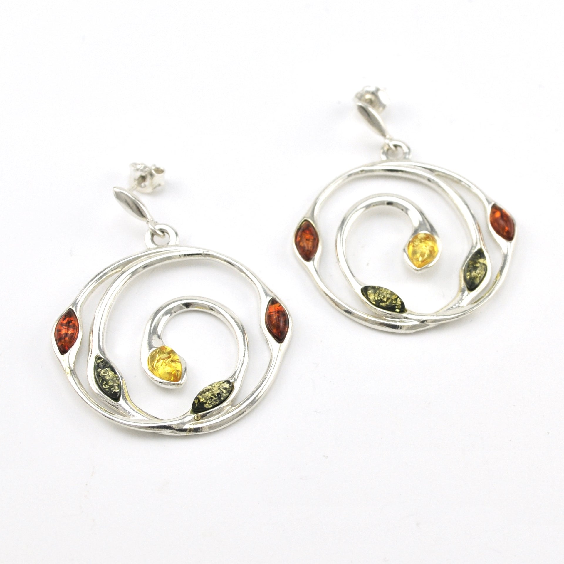 Silver Multicolored Amber Spiral Dangle Earrings
