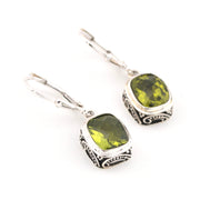 Silver Peridot 7x9mm Rectangle Bali Dangle Earrings