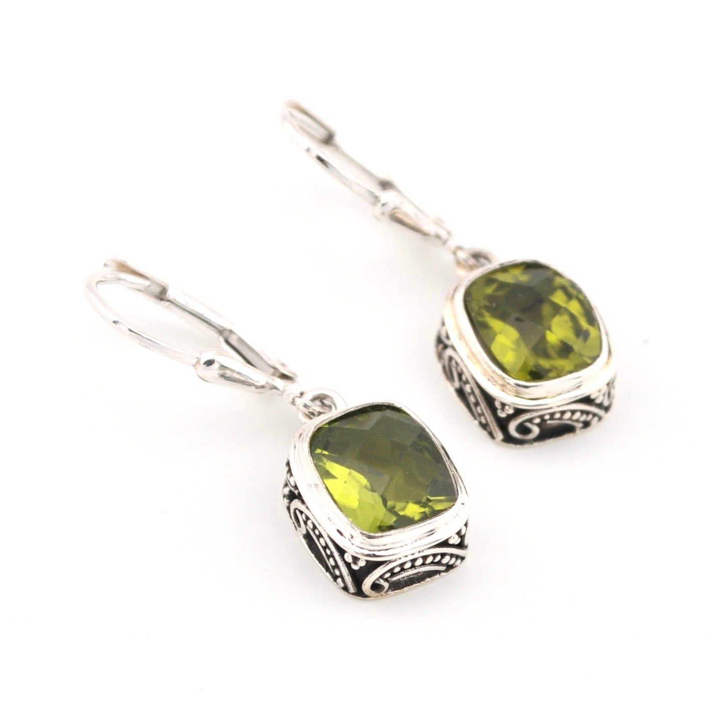 Silver Peridot 7x9mm Rectangle Bali Dangle Earrings