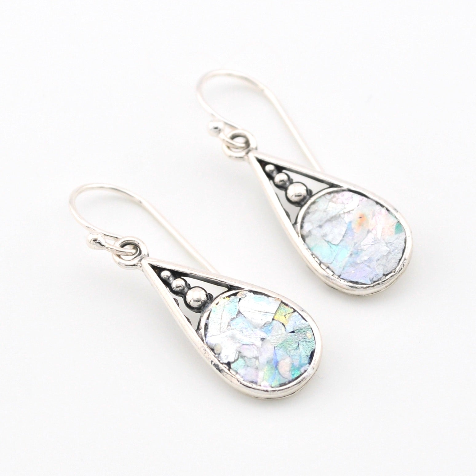 Silver Roman Glass Oval Dangle Earrings