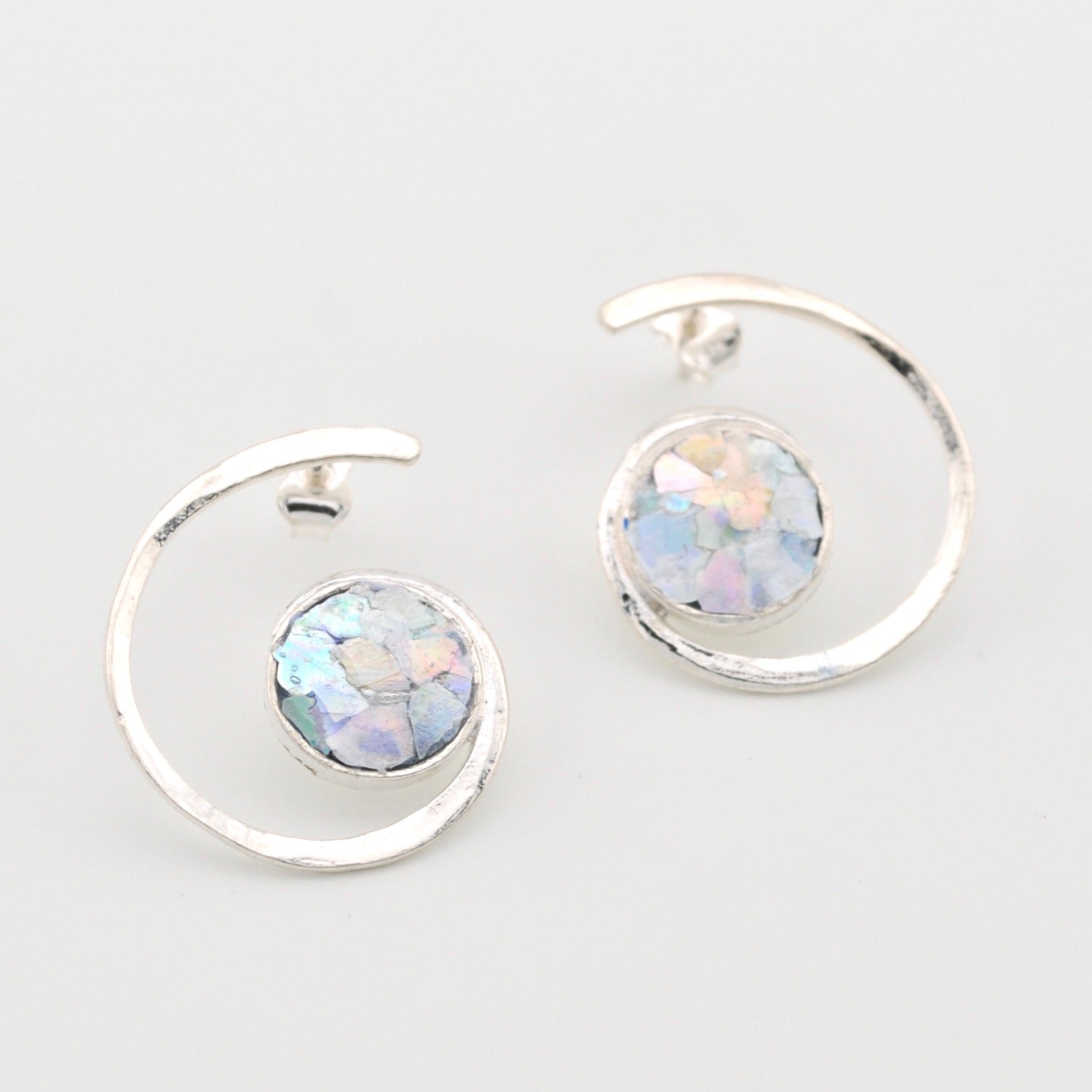 Silver Roman Glass Round Swirl Post Earrings