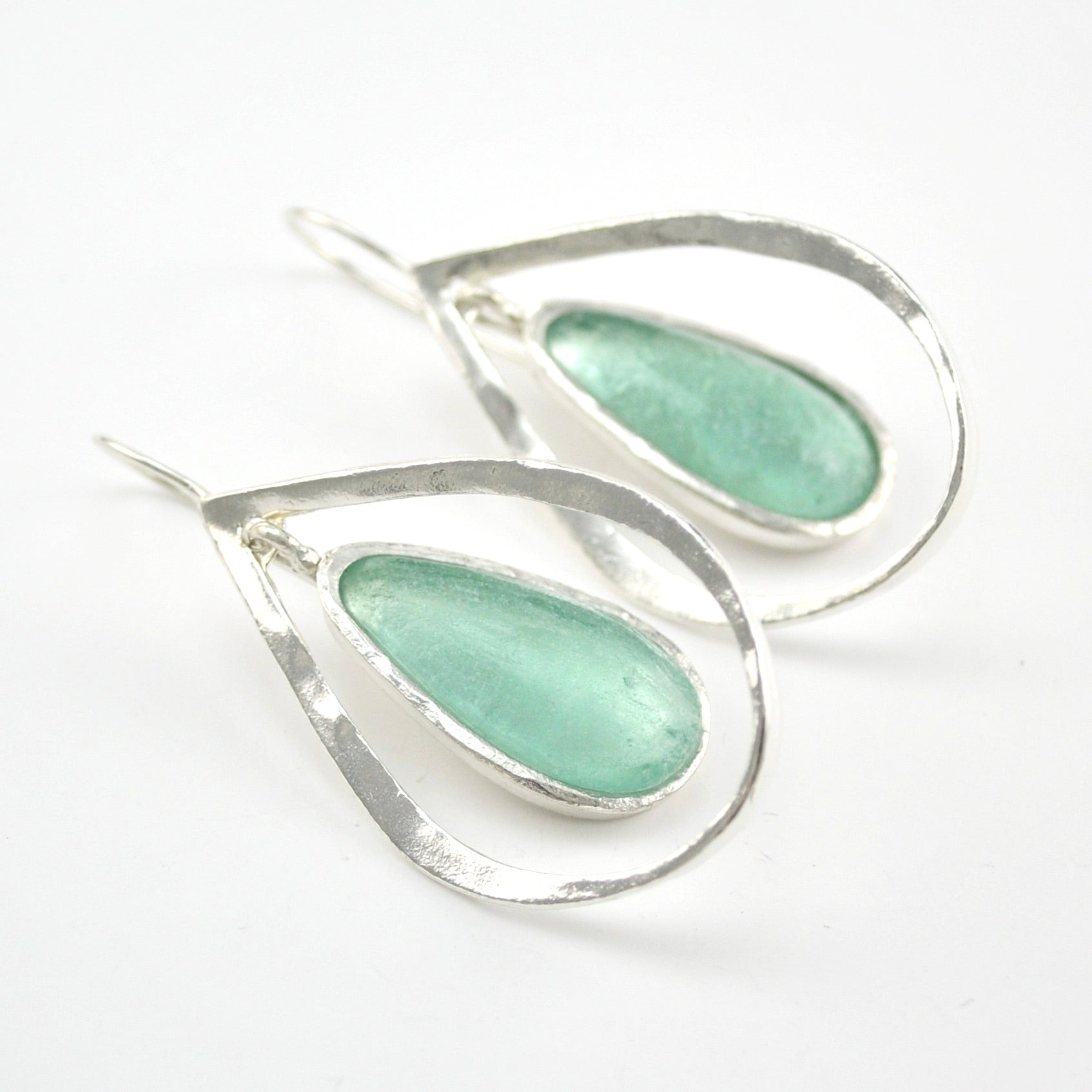 Silver Roman Glass Tear in Silver Tear Dangle Earring