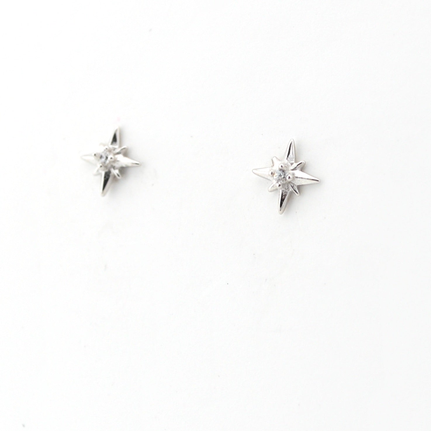Pair of silver star-shaped earrings on a white background