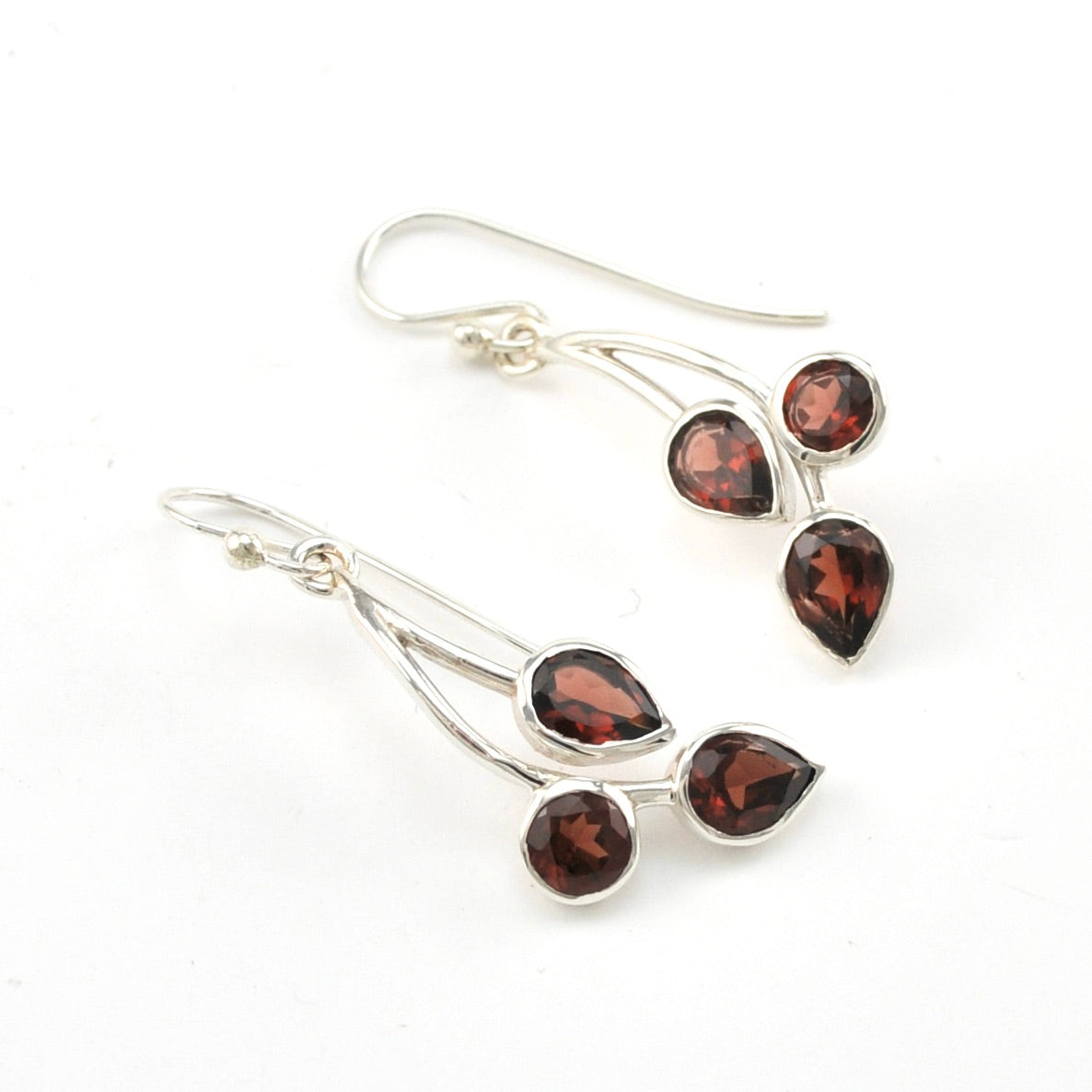 Sterling Silver Garnet 3 Stone Drop Earrings