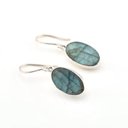 Pair of labradorite earrings on a white background