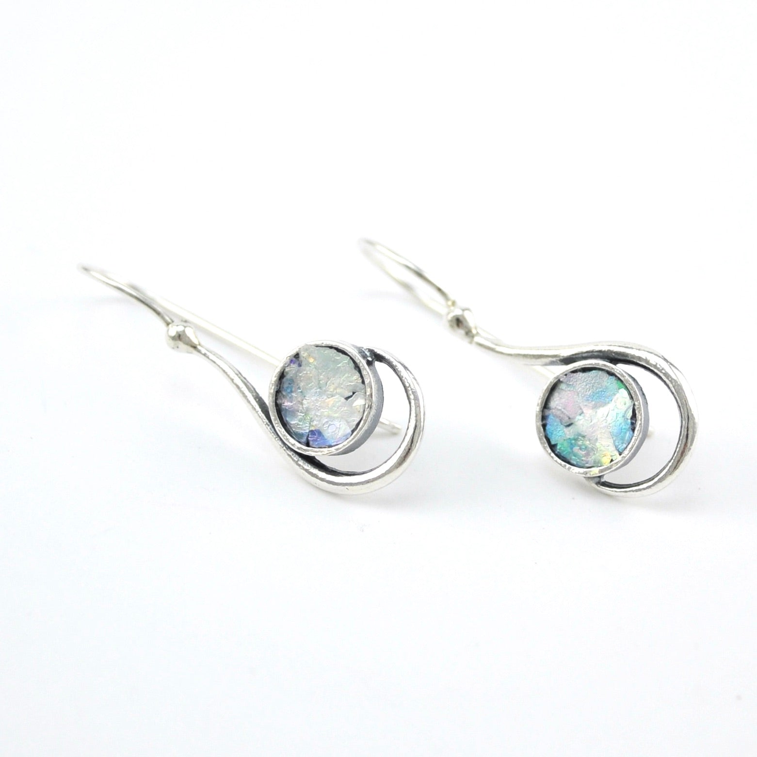 Sterling Silver Roman Glass Round Swirl Dangle Earrings