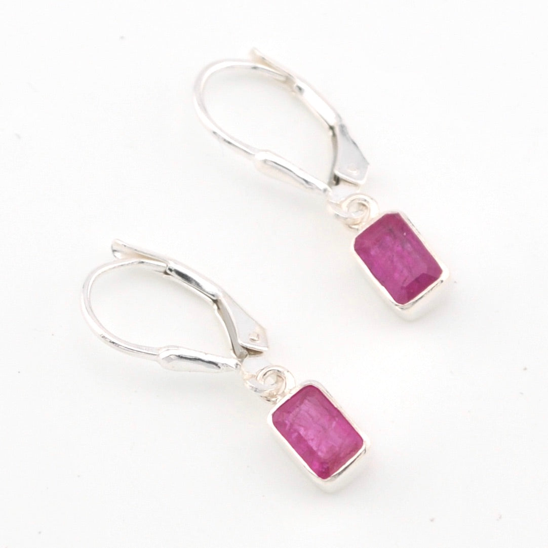 Sterling Silver Ruby 4x6mm Rectangle Dangle Earrings