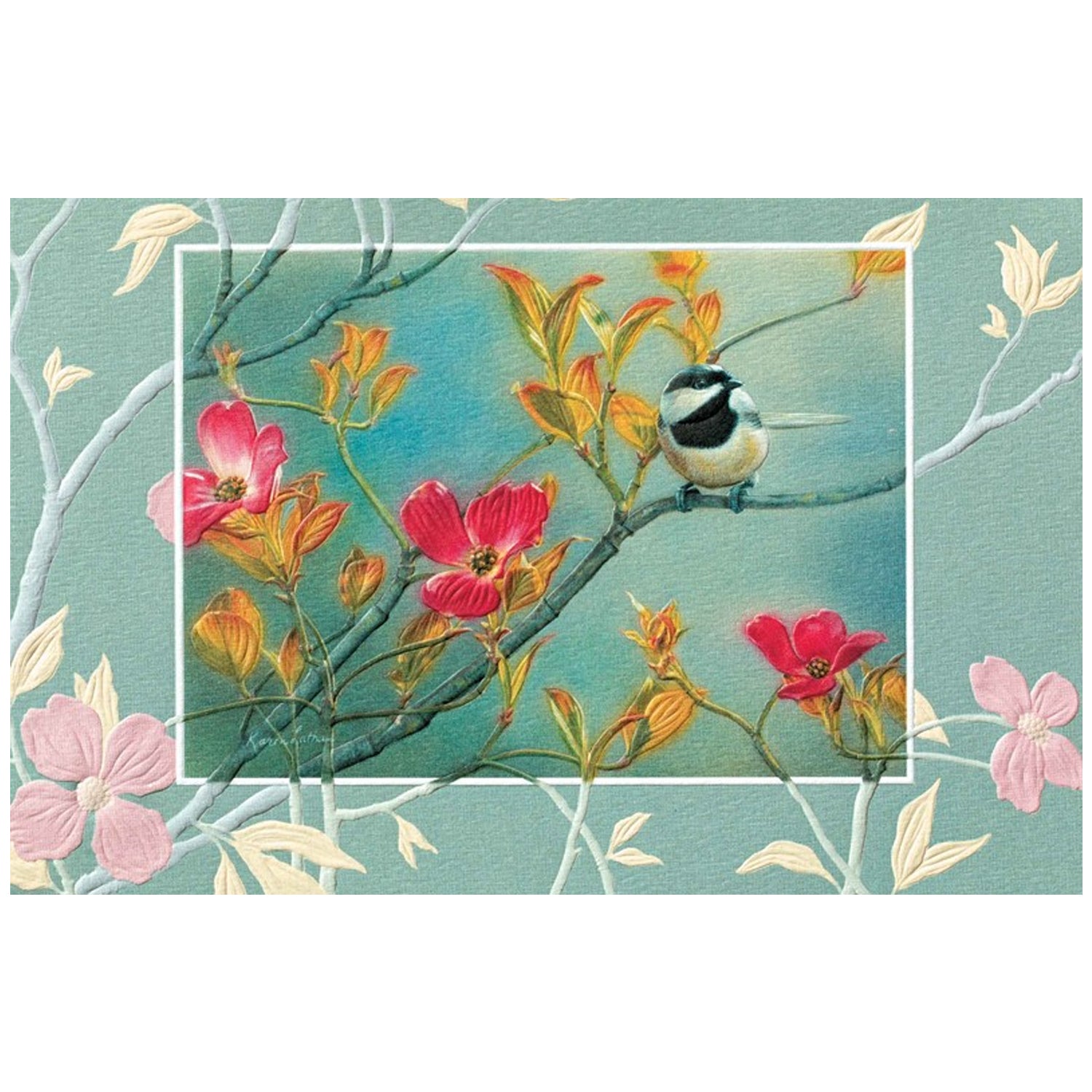 Chickadeee in Pink Dogwood Card