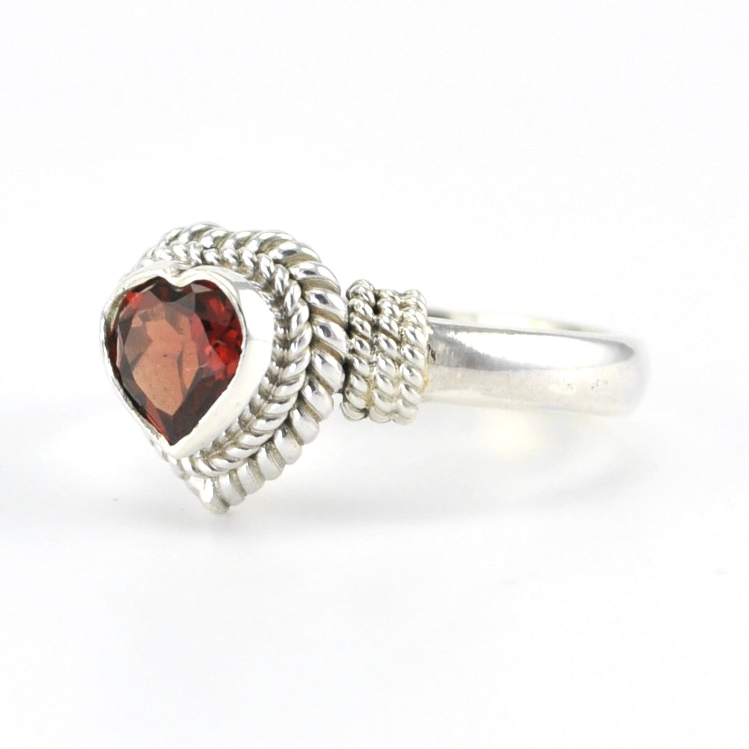 Side View Sterling Silver Garnet 5mm Heart Ring