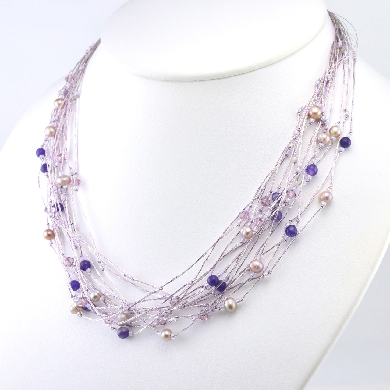 Japanese Silk Amethyst Pearl and Crystal Necklace