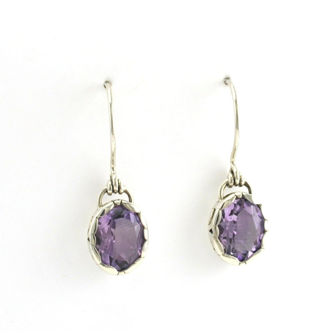 Side View Sterling Silver Amethyst Oval Filigree Bezel Dangle Earrings
