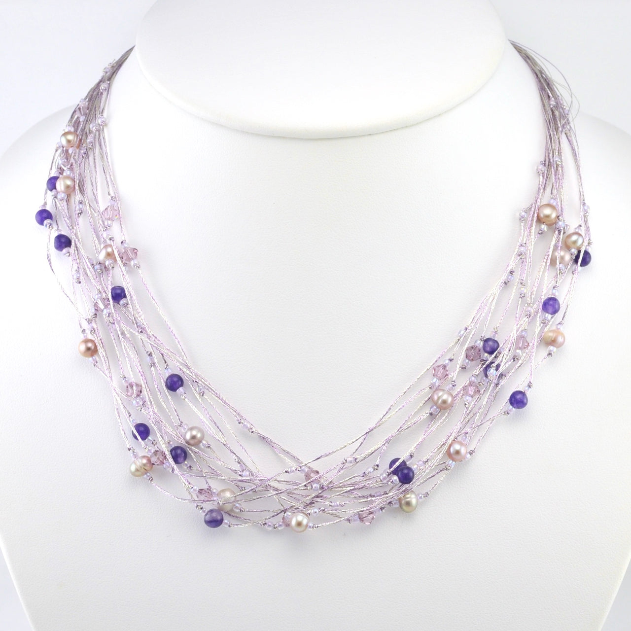 Alt View Japanese Silk Amethyst Pearl and Crystal Necklace
