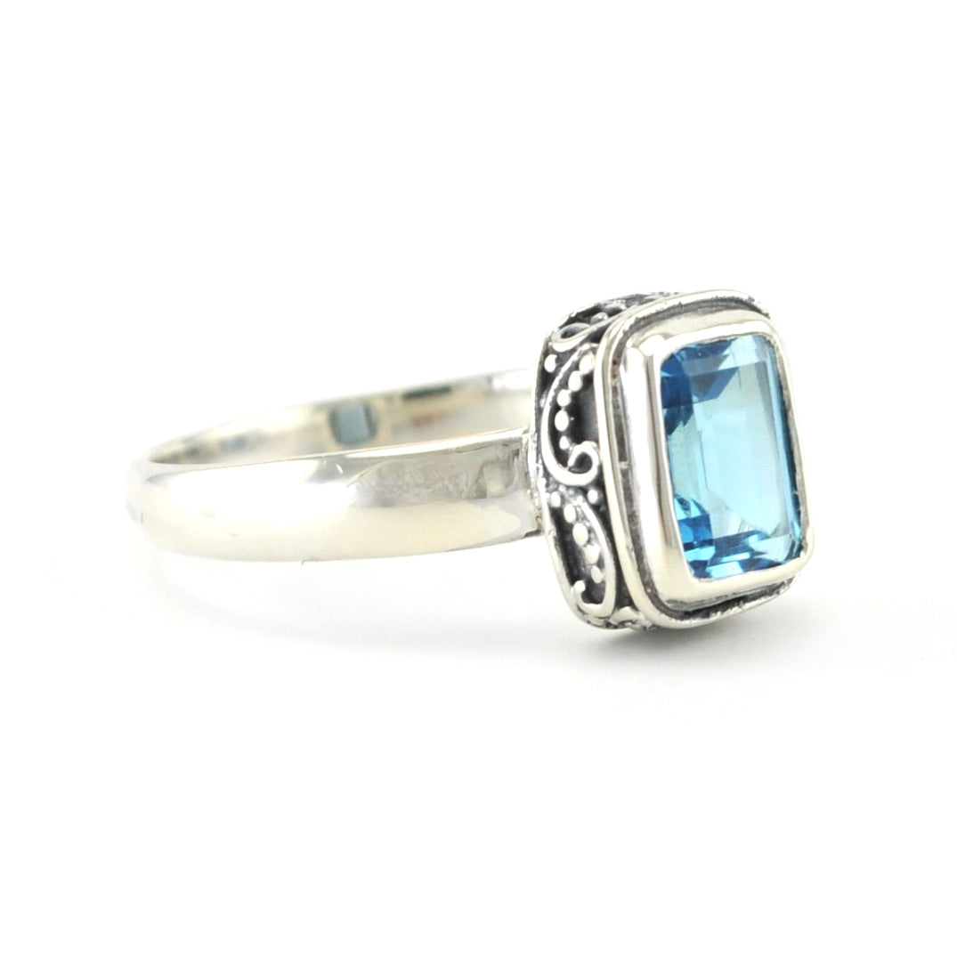 Side View Sterling Silver Blue Topaz 6x8mm Rectangle Bali Ring