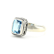 Sterling Silver Blue Topaz 6x8mm Rectangle Bali Ring