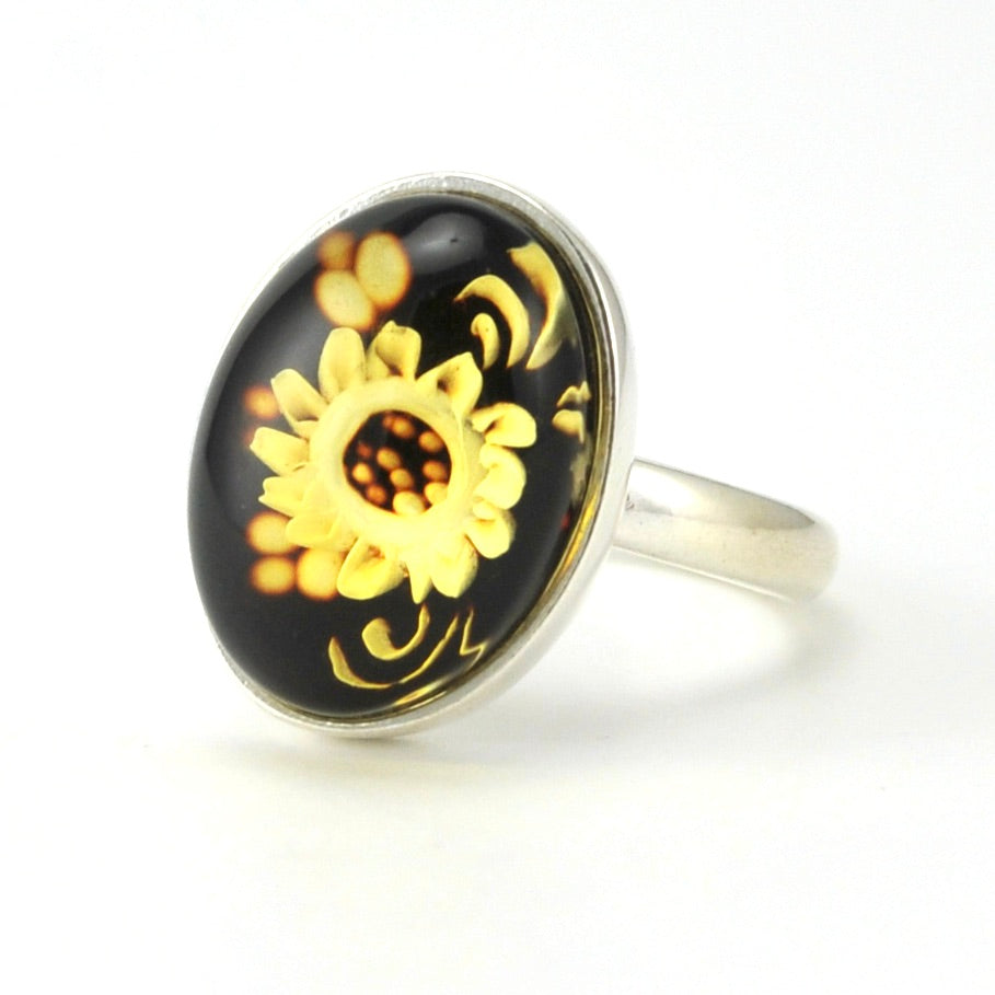 Sterling Silver Amber Intaglio Sunflower Ring