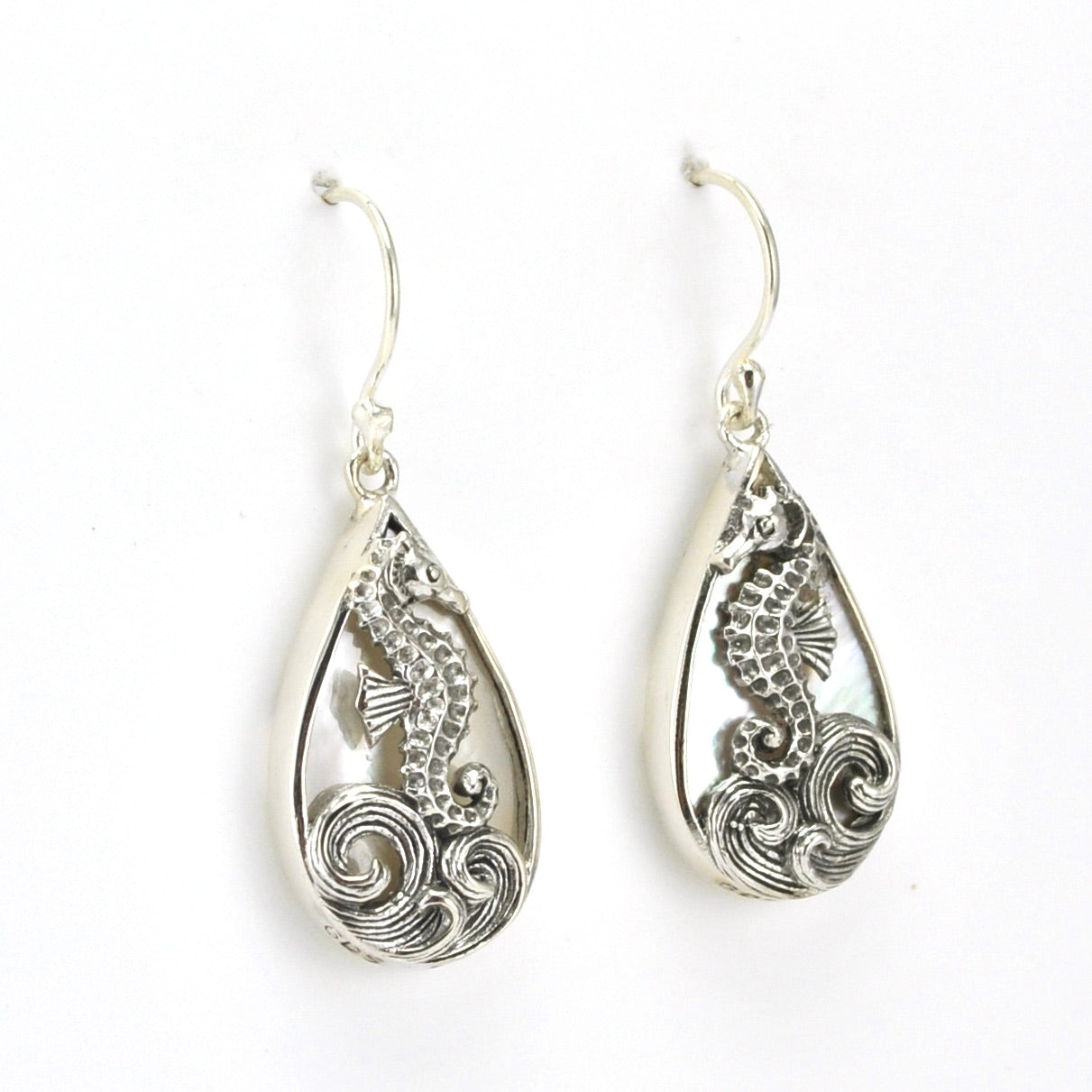 Sterling Silver Mother of Pearl Tear Seahorse Earrings