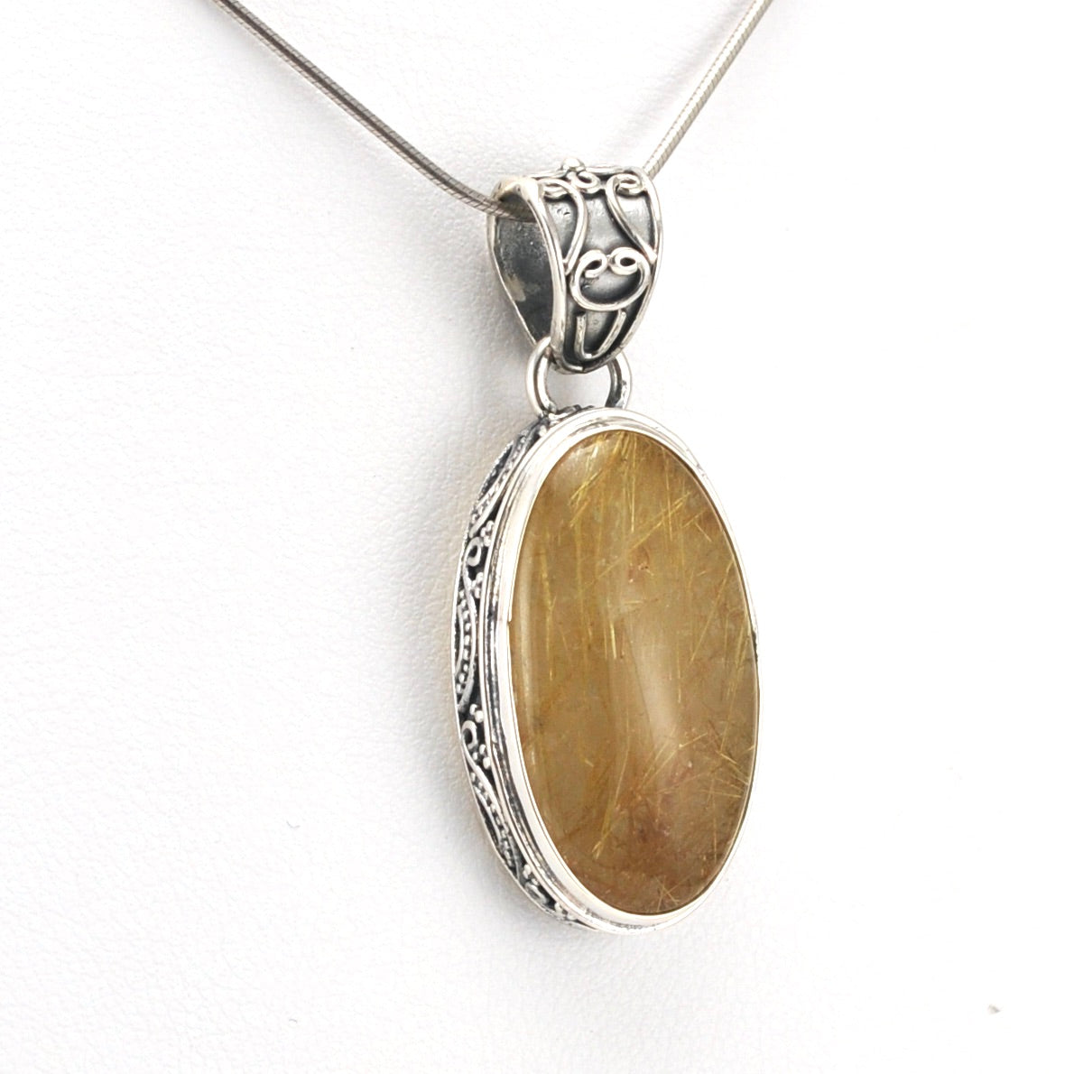 Sterling Silver Rutilated Quartz 13x25mm Oval Bali Pendant