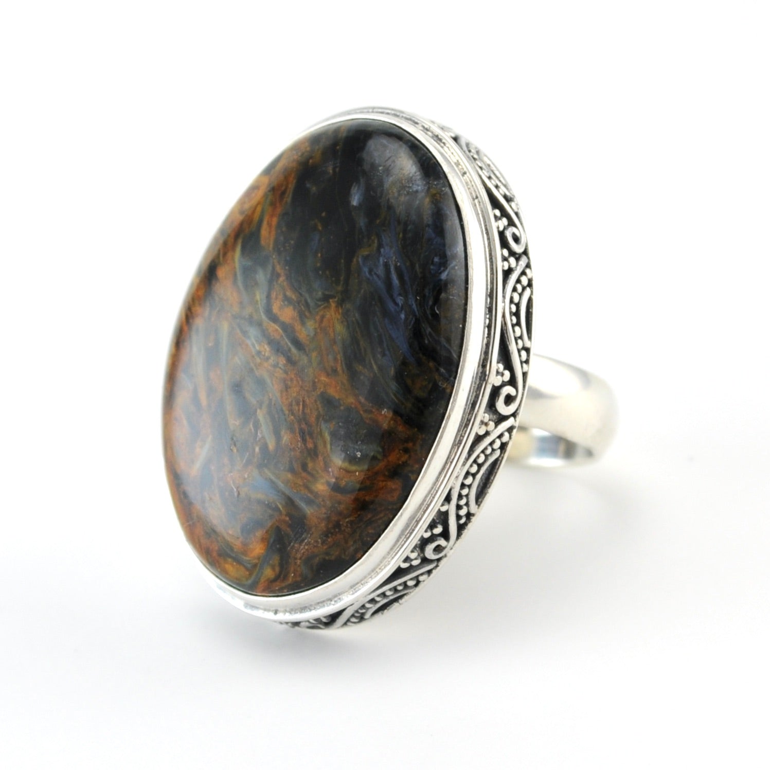 Sterling Silver Pietersite Oval Bali Ring