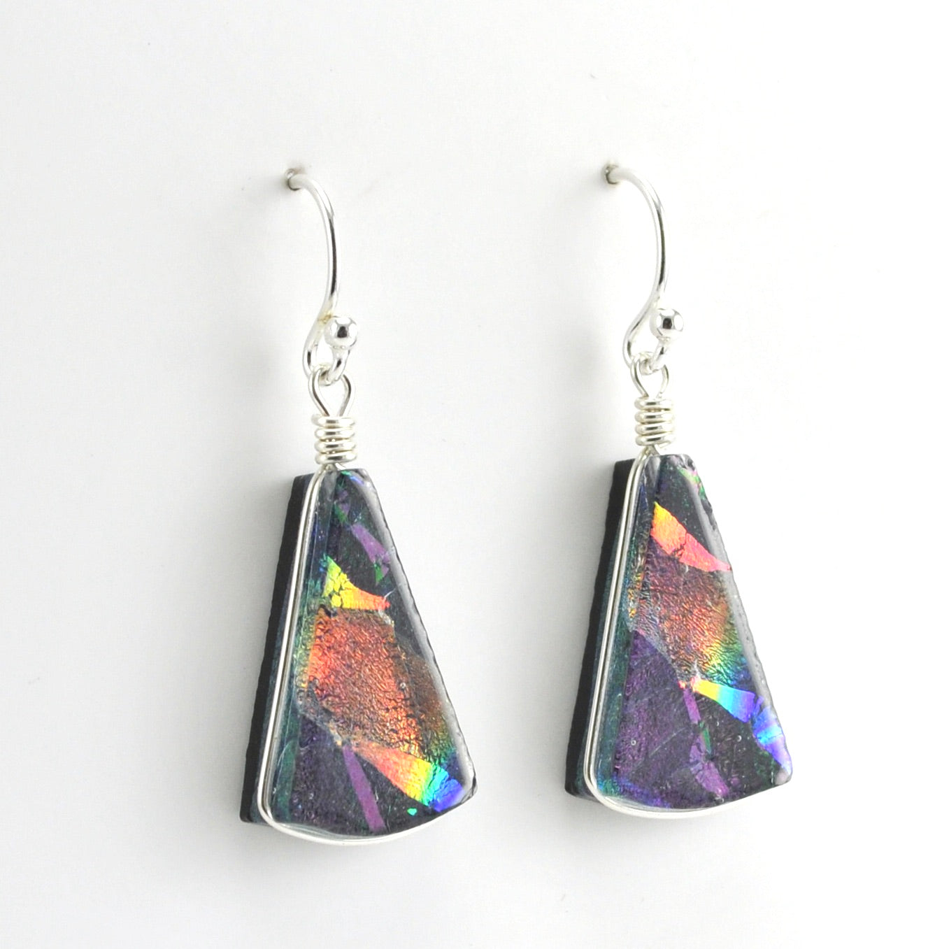 Alt View Sterling Silver Dichroic Glass Purple Rainbow Fan Dangle Earrings