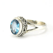 Sterling Silver Blue Topaz 7x9mm Oval Bali Ring
