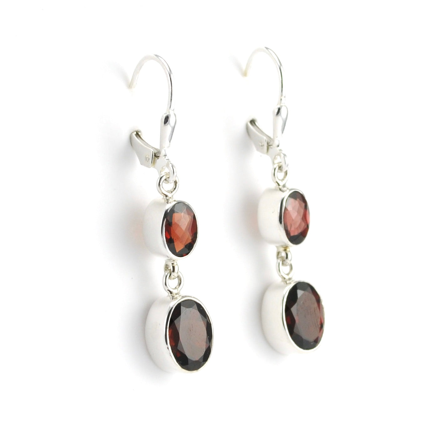 Side View Sterling Silver Garnet 2 Oval Dangle Earrings