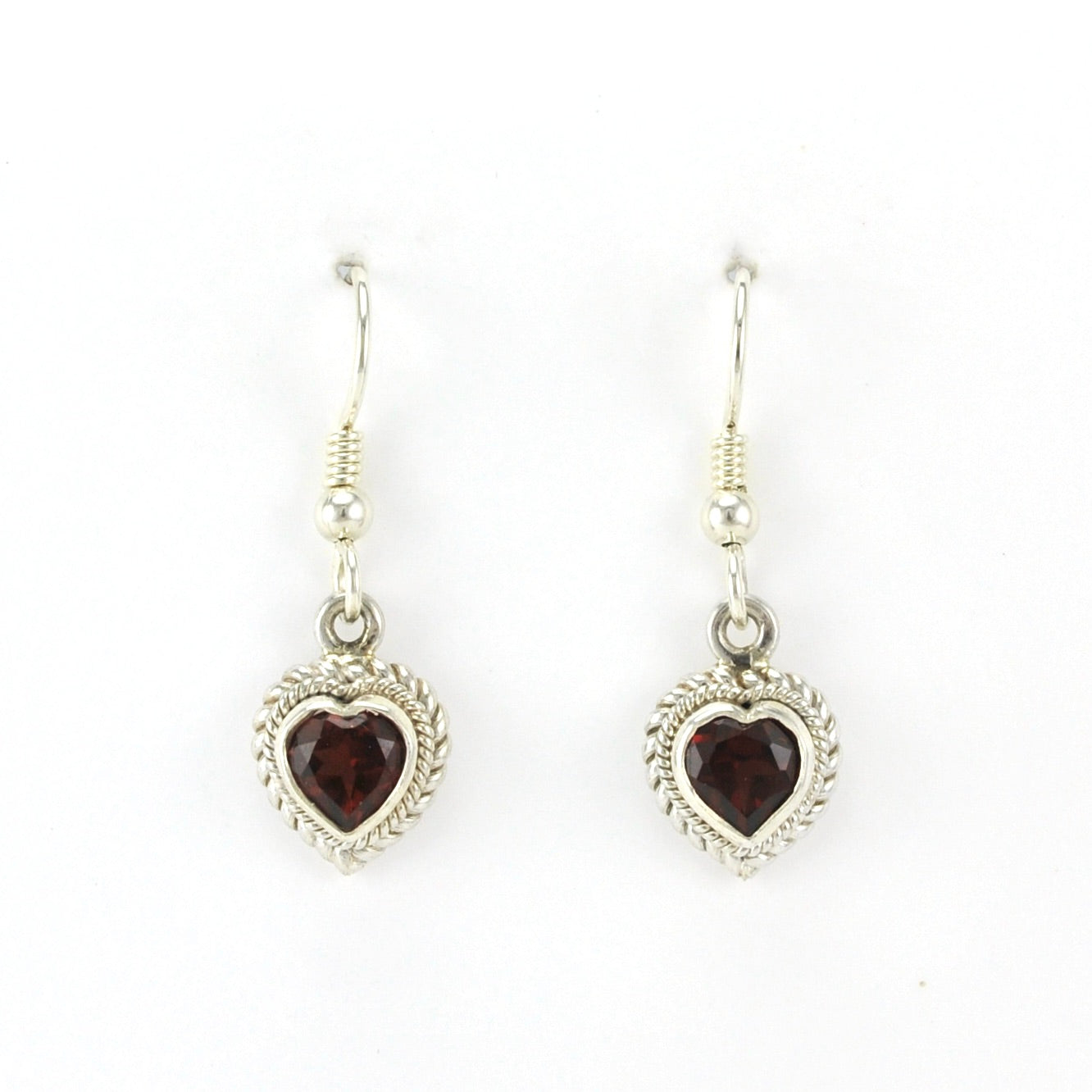 Alt View Sterling Silver Garnet 6mm Heart Dangle Earrings