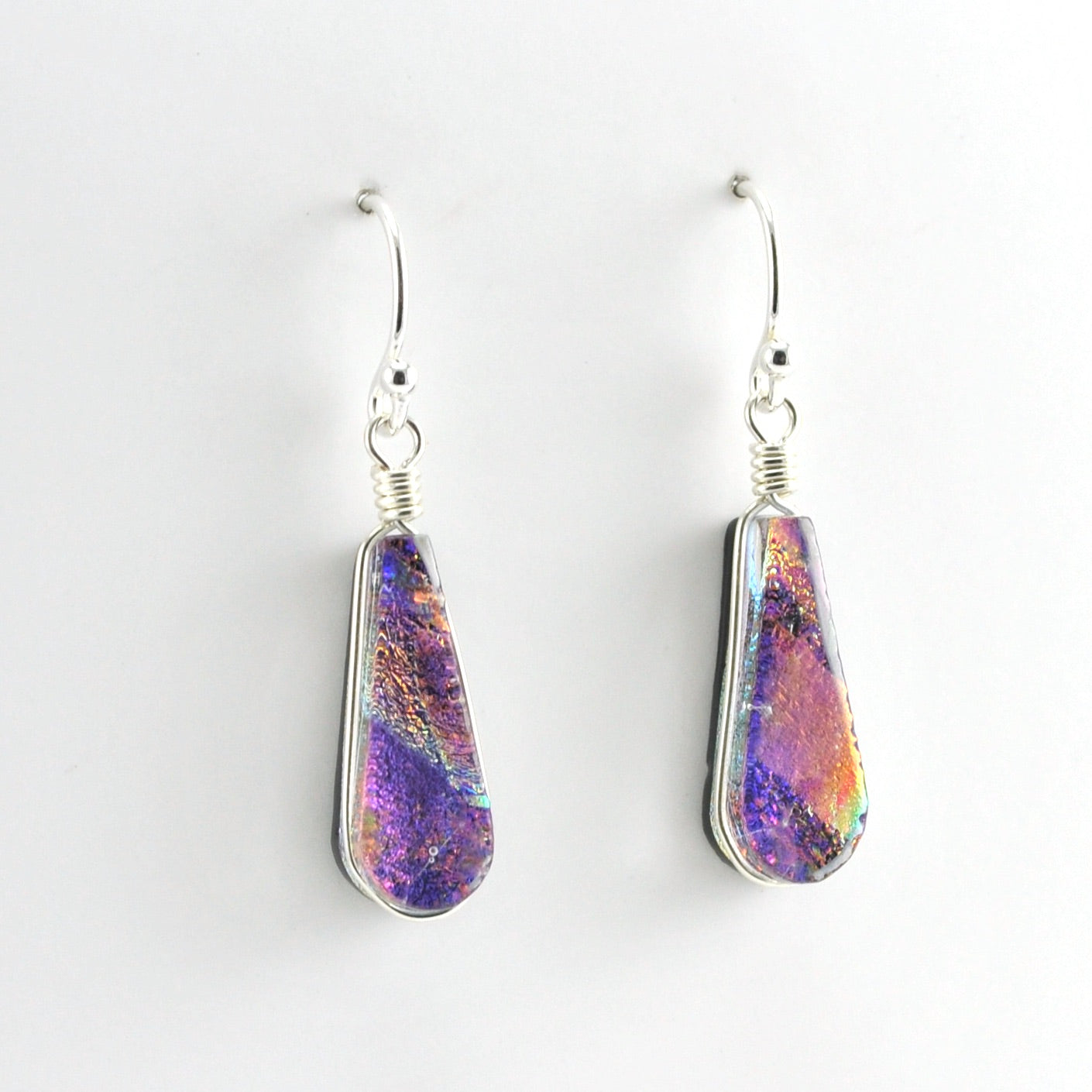 Alt View Sterling Silver Dichroic Glass Rainbow Purple Tear Dangle Earrings
