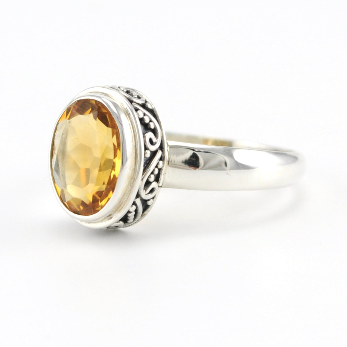 Sterling Silver Citrine Oval Bali Ring