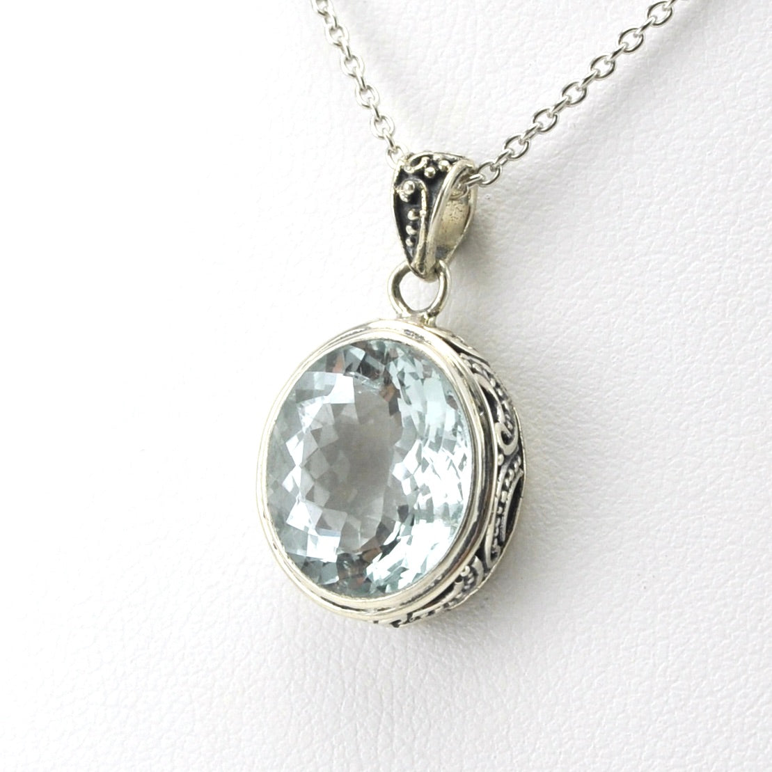 Side View Sterling Silver Aquamarine 11x13mm Oval Bali Necklace